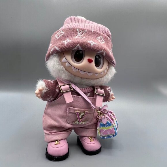 Pink 3 Pieces Overall With Shoes + Purse Fits For Labubu Doll - Picture 5 of 8